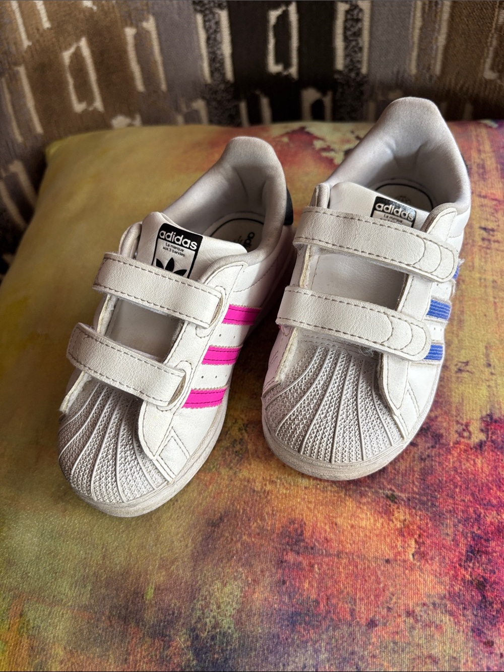 adidas Kids White Sneakers with Pink & Blue Stripe Accents